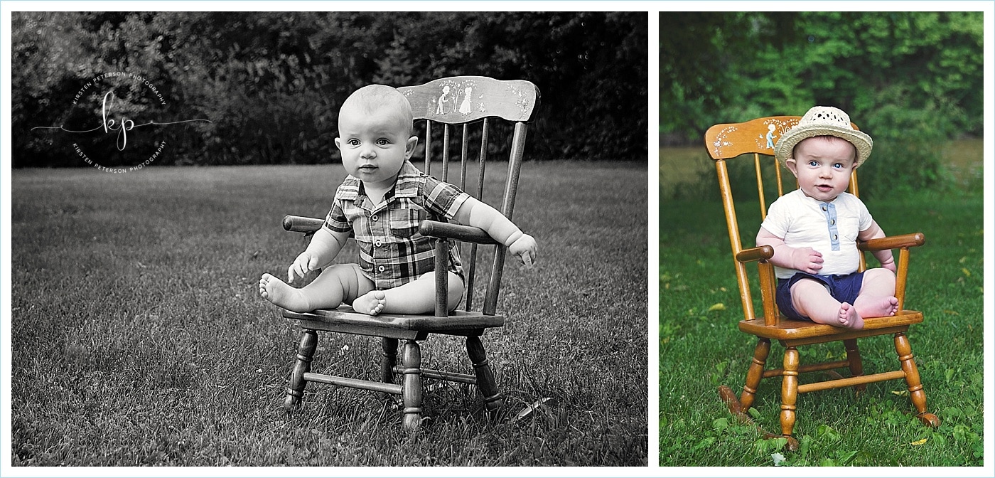 adorable 6 month old boy photo session in green bay wisconsin park sitting in antique rocker