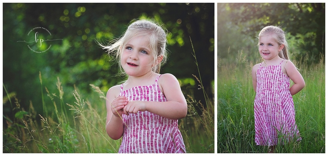 3 year old little girl photography session in green park setting in summer in field