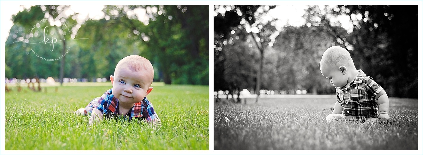 adorable 6 month old boy photo session in green bay wisconsin park in grass