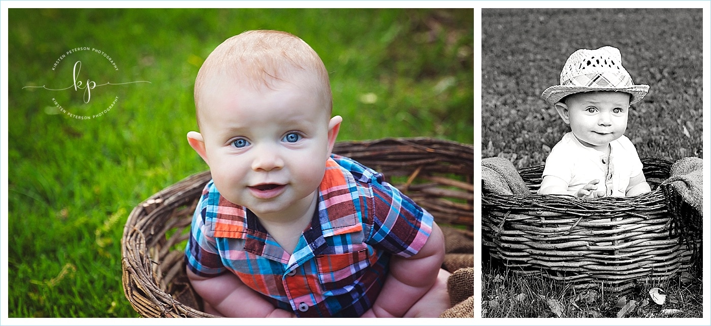 adorable 6 month old boy photo session in green bay wisconsin park sitting in basket
