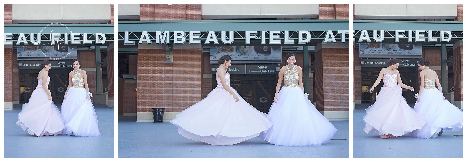 best friends twirling in prom dresses for prom pictures at lambeau field in green bay wisconsin