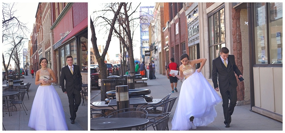 Prom photography session in downtown green bay couple walking down street
