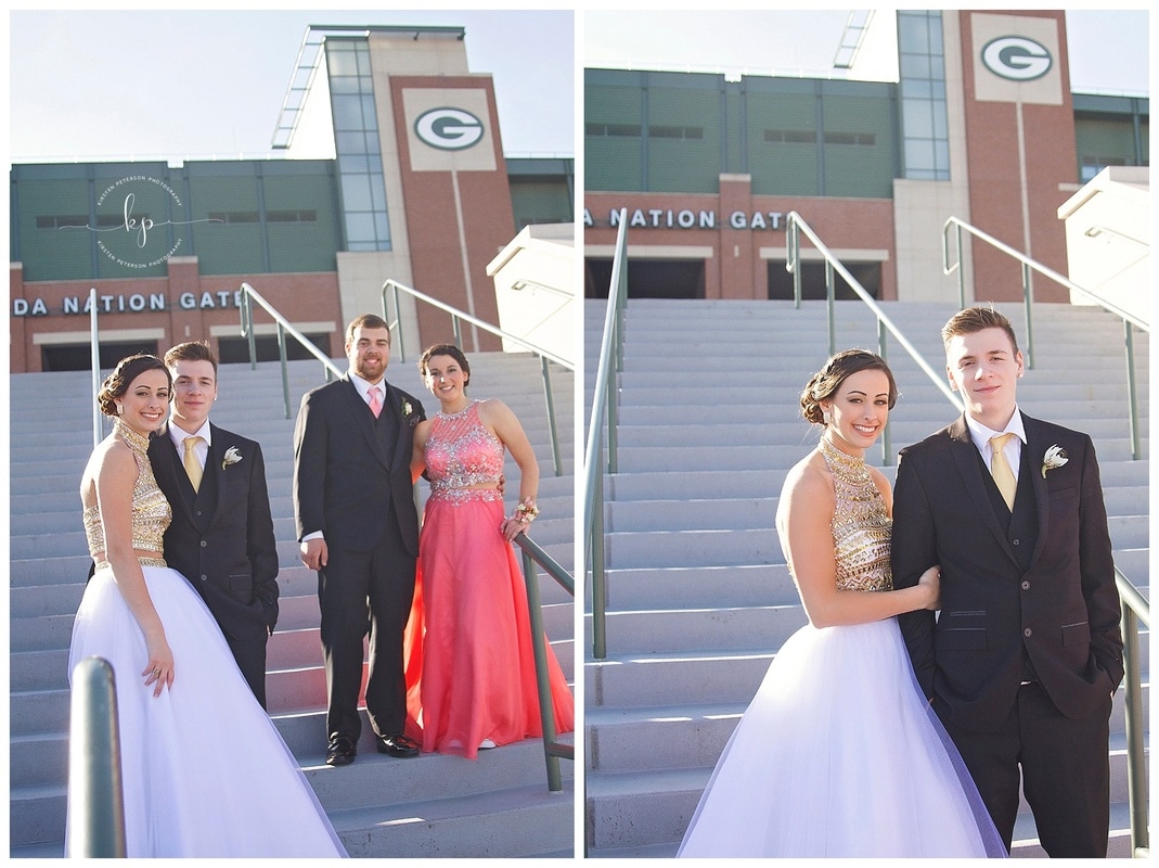 couples posing for prom pictures at lambeau field in green bay wisconsin