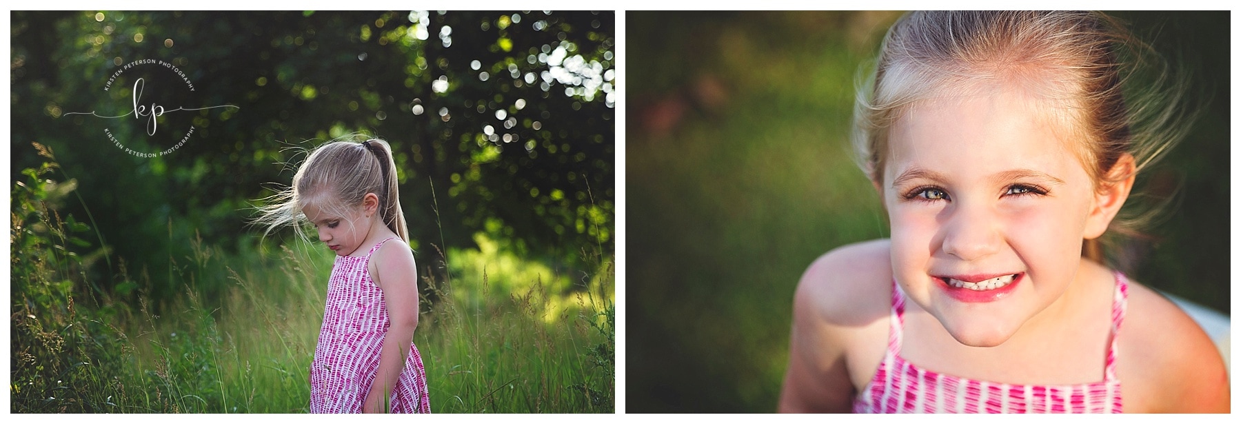 3 year old little girl photography session in green park setting in summer in field in sun and golden hour