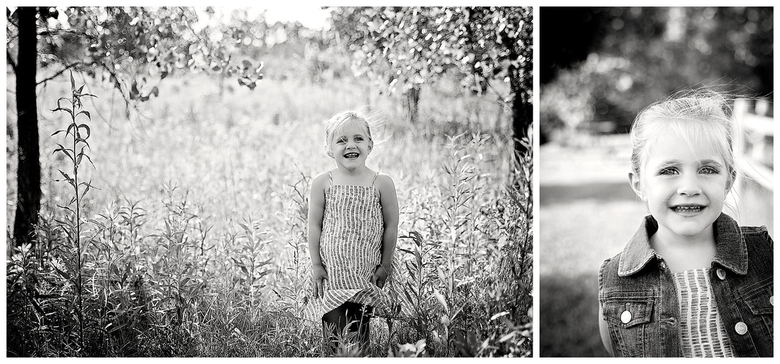 3 year old little girl photography session in green park setting in summer black and white